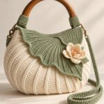 Sage Bloom Crochet Handbag – Floral Knitted Shoulder Bag with Wooden Handle (Copy)