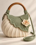 Sage Bloom Crochet Handbag – Floral Knitted Shoulder Bag with Wooden Handle