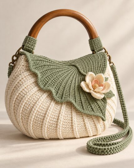 Sage Bloom Crochet Handbag – Floral Knitted Shoulder Bag with Wooden Handle (Copy)