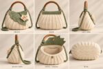 Sage Bloom Crochet Handbag – Floral Knitted Shoulder Bag with Wooden Handle - Image 3